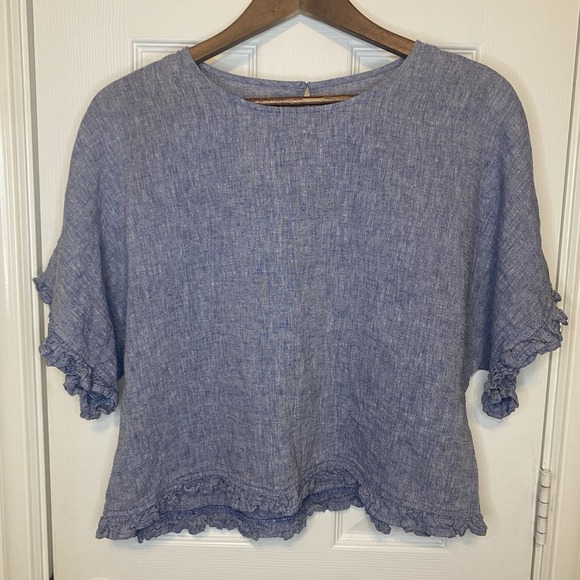 Cynthia Rowley Tops - Cynthia Rowley Top Ruffles Cotton Linen Mid Sleeve Chambray Blue Women's‎ Large